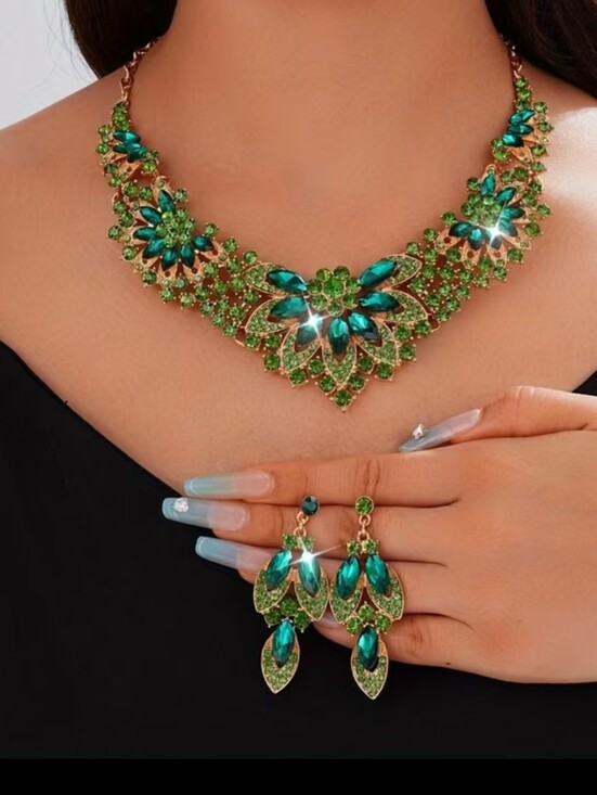 Source Unknown Jewelry - Elegant Green Crystal Statement Necklace and Earring Set